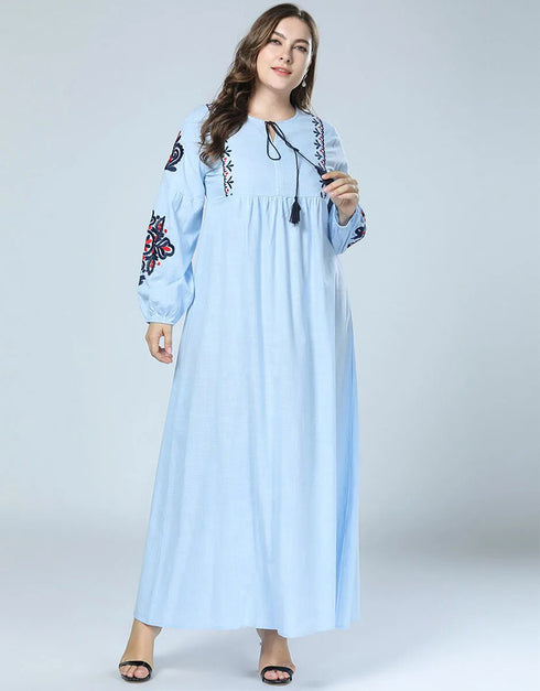 Elegant Embroidered Abaya with Lantern Sleeves and Large Swing Skirt